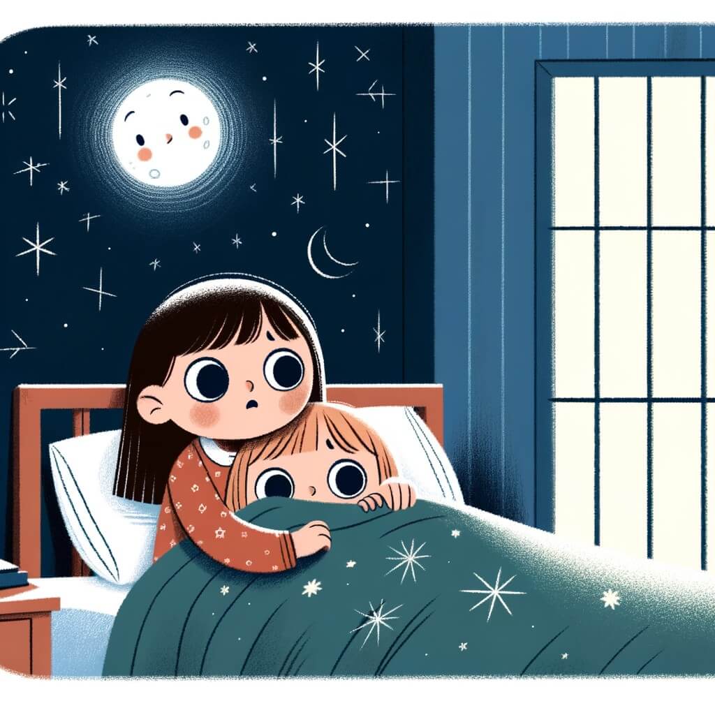 Une illustration pour enfants représentant une petite fille apeurée qui doit affronter sa peur du noir dans sa chambre.