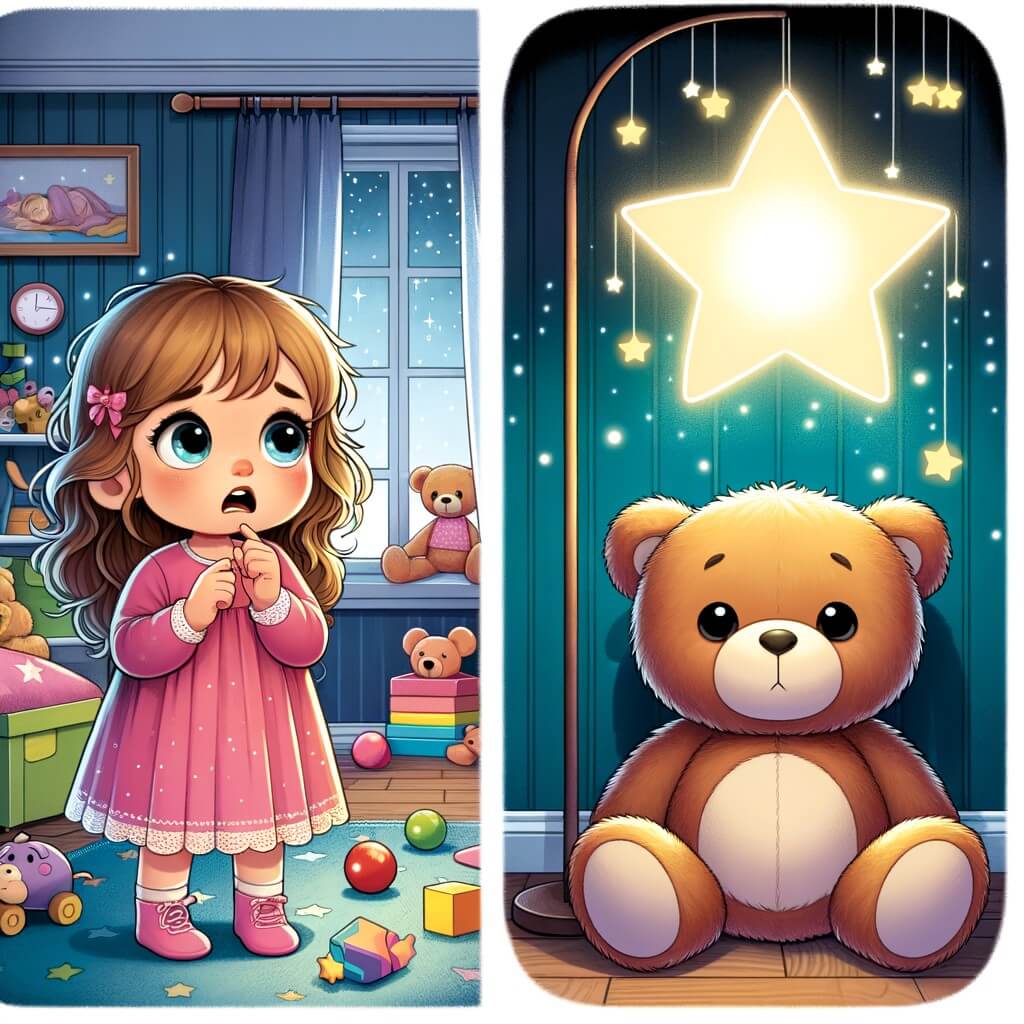 Une illustration destinée aux enfants représentant une petite fille intrépide, confrontée à sa peur du noir, accompagnée d'un adorable doudou, dans une chambre remplie de jouets colorés et éclairée par une douce lueur de veilleuse étoilée.