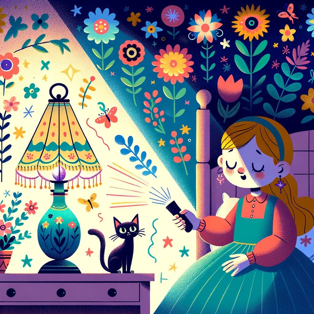 Une illustration destinée aux enfants représentant une petite fille, terrifiée par le noir, qui trouve du réconfort avec une lampe de chevet magique, accompagnée de son chat, dans une chambre remplie de fleurs colorées et d'ombres dansantes.