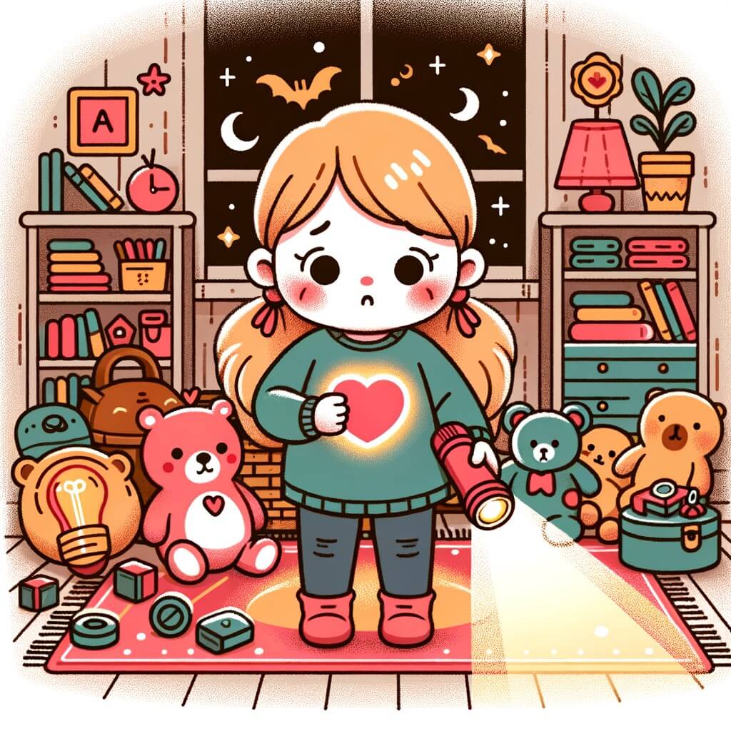 Une illustration destinée aux enfants représentant une petite fille au cœur tremblant, affrontant sa peur du noir avec l'aide d'une lampe de poche magique, dans une chambre chaleureuse et douillette remplie de jouets colorés, de peluches rassurantes et de livres fantastiques.