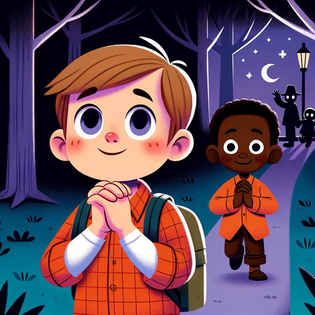 Une illustration pour enfants représentant un petit garçon plein de curiosité et d'enthousiasme, confronté à la peur du noir dans un parc mystérieux.