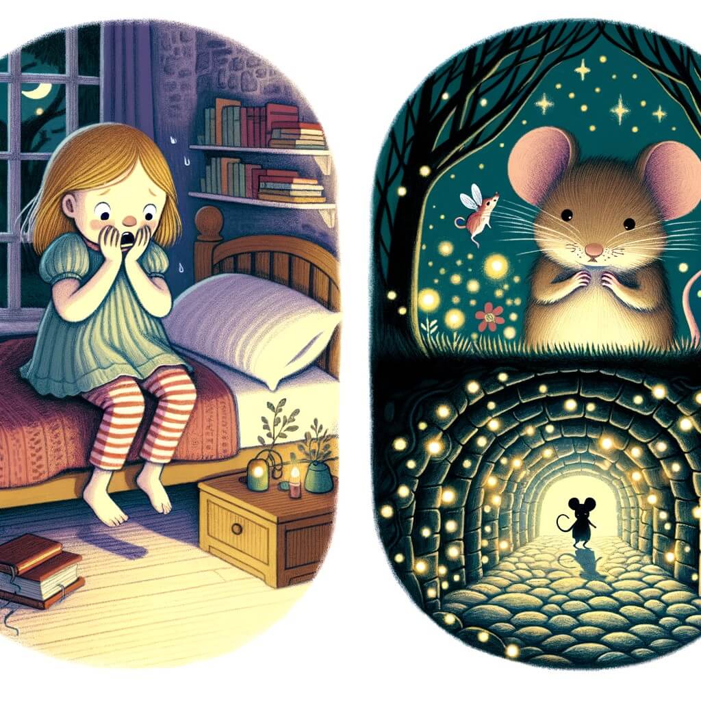 Une illustration destinée aux enfants représentant une petite fille tremblante, perchée sur son lit, observant avec effroi les ombres dansantes qui se cachent sous son lit, tandis qu'une souris malicieuse et bienveillante lui murmure des paroles rassurantes depuis sa cachette secrète dans un monde souterrain féerique rempli de tunnels et de petites lumières scintillantes.