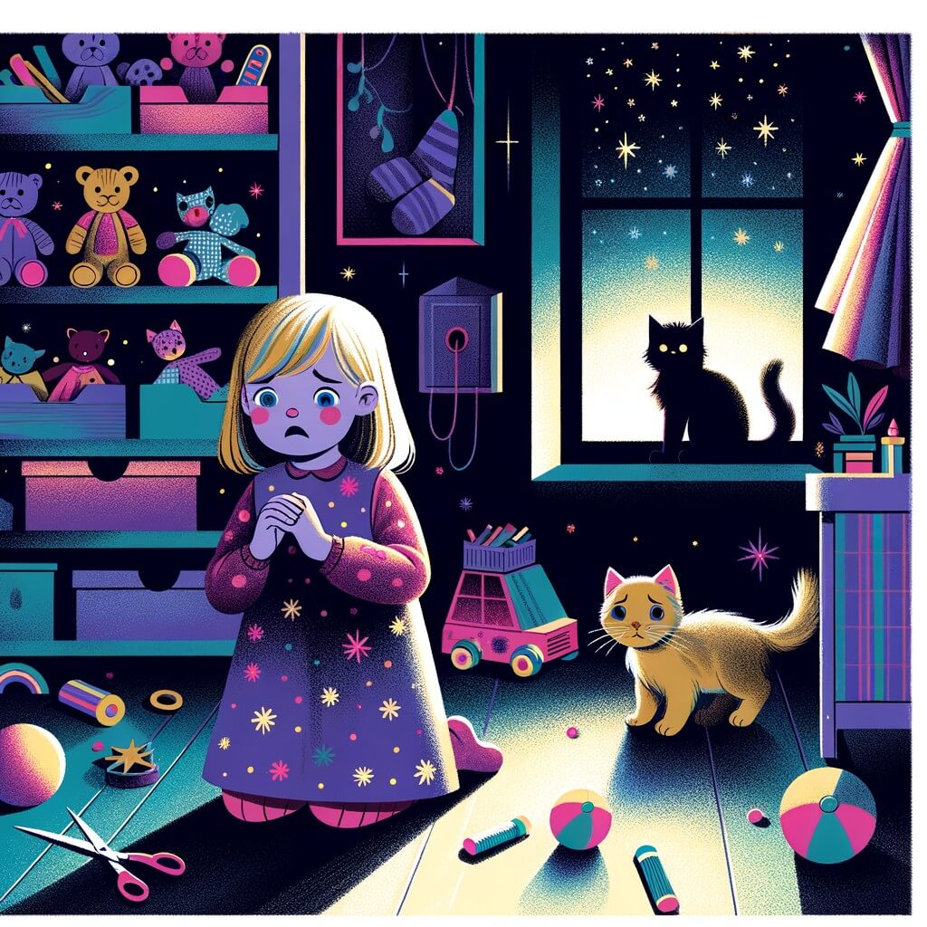 Une illustration pour enfants représentant une petite fille effrayée par le noir, qui apprend à surmonter sa peur grâce à l'aide de sa sœur, dans sa chambre la nuit.