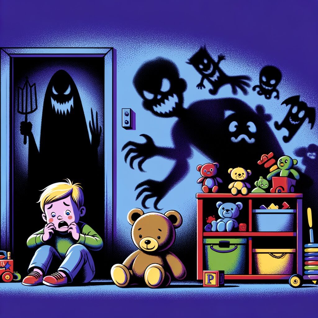 Une illustration destinée aux enfants représentant un petit garçon tremblant de peur dans sa chambre sombre, accompagné d'un adorable ourson en peluche, tandis que des ombres menaçantes se dessinent sur les murs de sa chambre remplie de jouets colorés.
