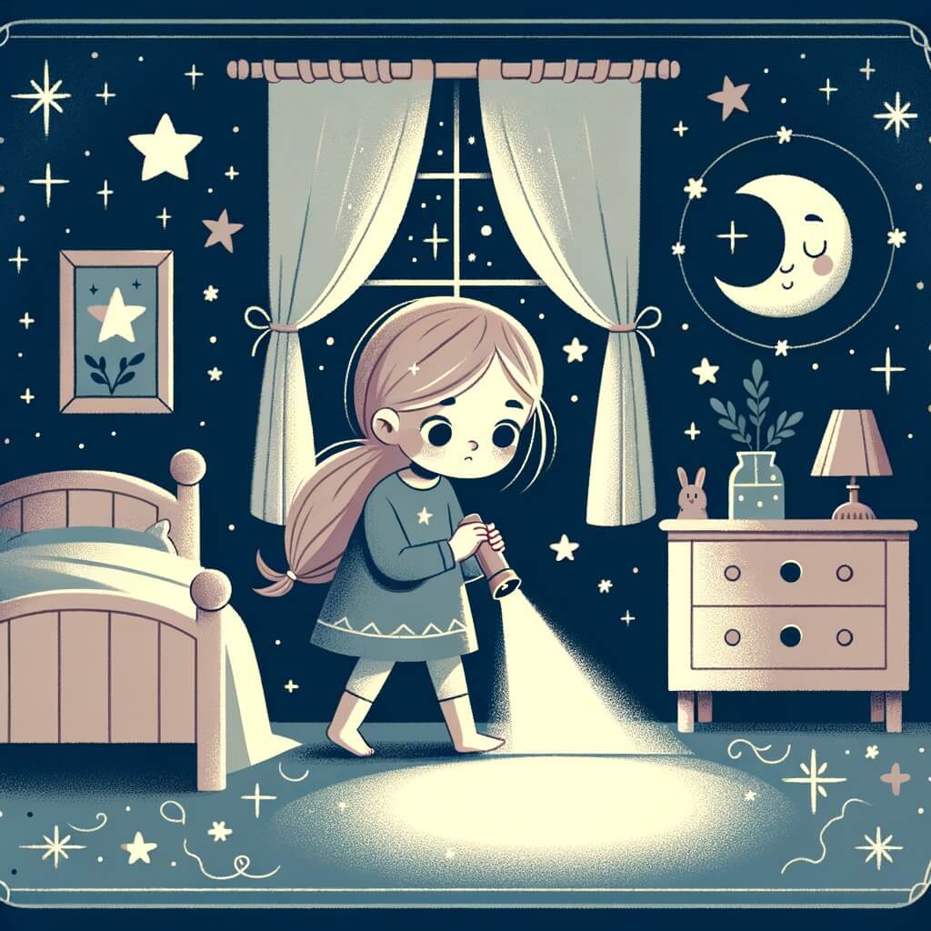Une illustration destinée aux enfants représentant une petite fille intrépide, plongée dans l'obscurité de sa chambre la nuit, accompagnée d'une petite lampe de poche, découvrant les mystères du noir, entourée d'étoiles scintillantes et d'une lune douce.