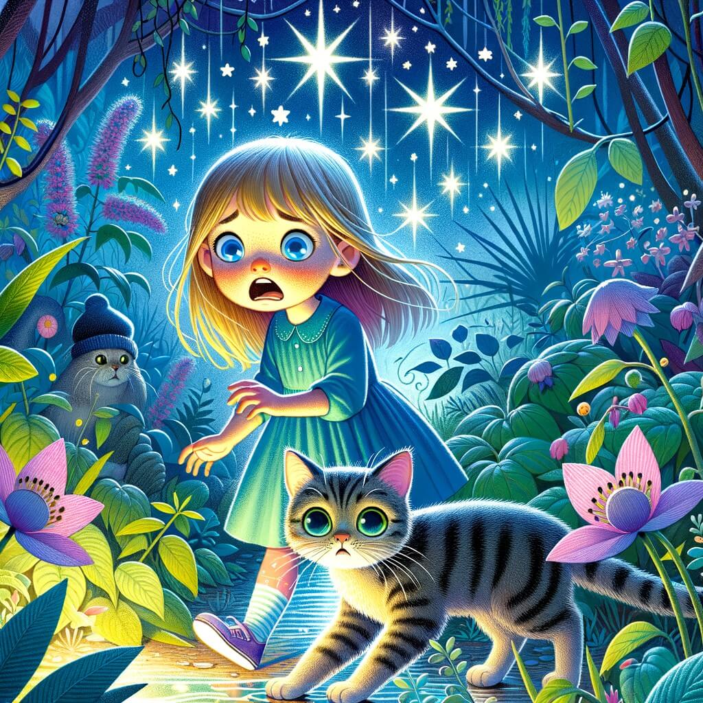 Une illustration pour enfants représentant une petite fille terrifiée par l'obscurité, cherchant réconfort auprès d'un chat mystérieux, dans un jardin secret rempli de plantes et d'étoiles scintillantes.