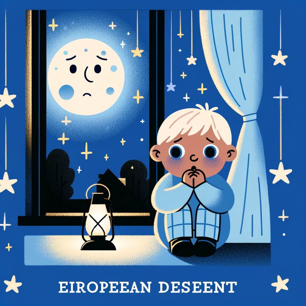 Une illustration pour enfants représentant un petit garçon effrayé dans sa chambre la nuit avec pour décor un ciel étoilé.