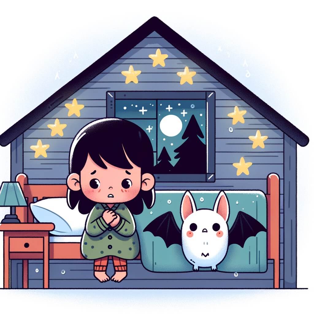 Une illustration destinée aux enfants représentant une petite fille tremblante dans sa chambre sombre, accompagnée d'une chauve-souris amicale, dans une maison près de la forêt, avec des étoiles brillantes collées au plafond.