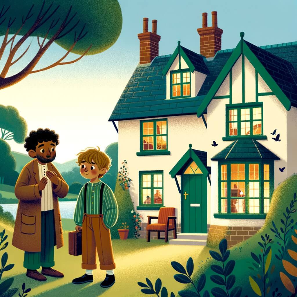 Une illustration pour enfants représentant un petit garçon confronté à sa peur du noir dans la chaleureuse maison de sa grand-mère à la campagne.