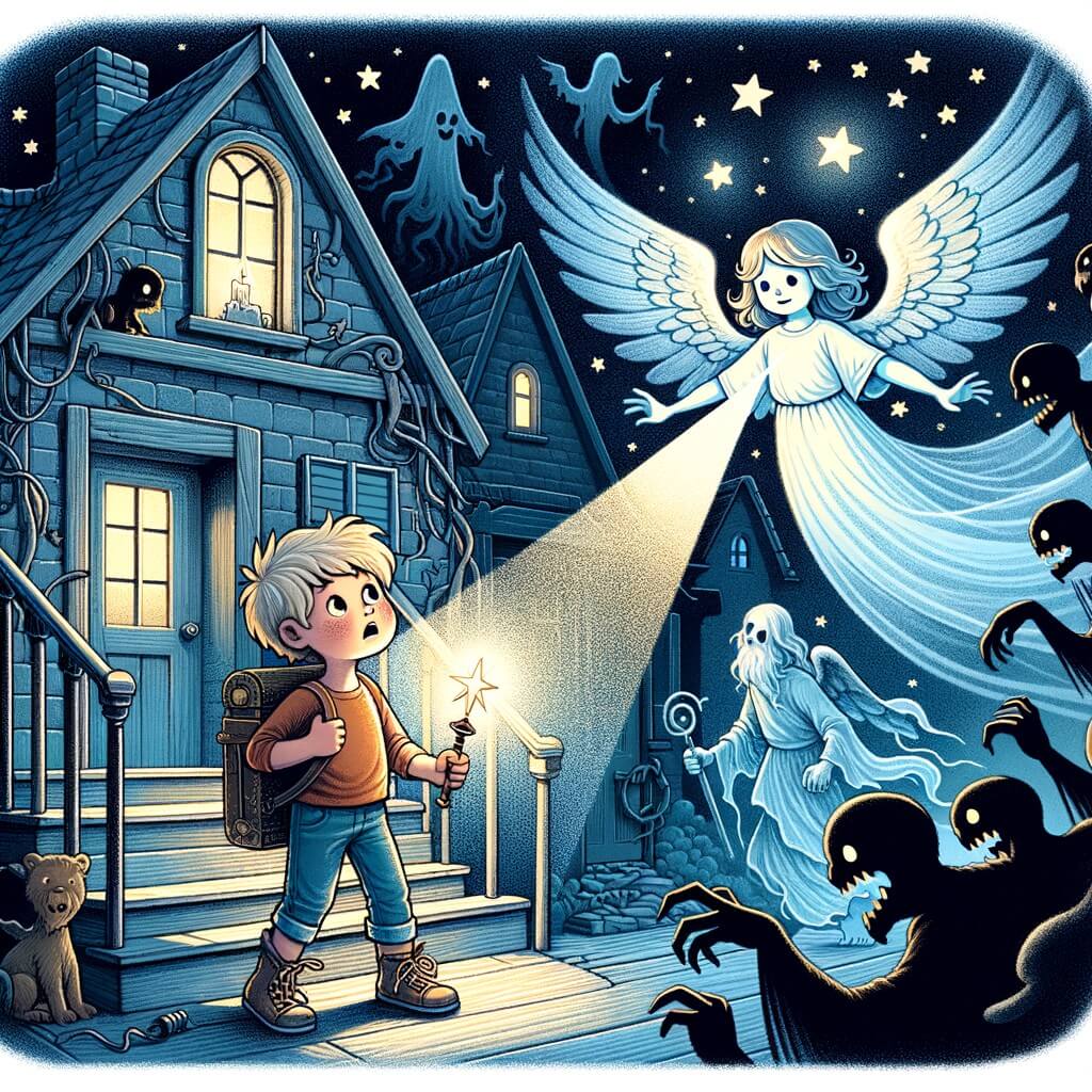 Une illustration destinée aux enfants représentant un petit garçon intrépide confronté à sa peur du noir, accompagné d'un ange gardien lumineux, dans une vieille maison grincante entourée de mystérieuses ombres mouvantes.