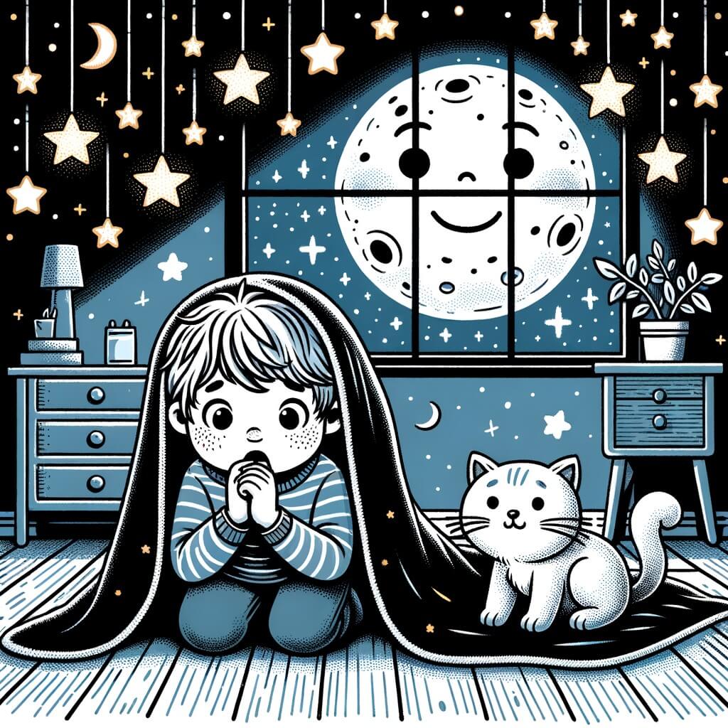 Une illustration pour enfants représentant un petit garçon qui a peur du noir, dans sa maison avec sa famille et son chat.