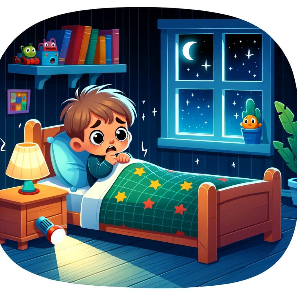 Une illustration destinée aux enfants représentant un petit garçon tremblant, seul dans son lit, confronté à la peur du noir, avec pour seul réconfort une petite lampe de poche, dans une chambre remplie de jouets colorés et de livres d'aventures, avec une fenêtre donnant sur un ciel étoilé.