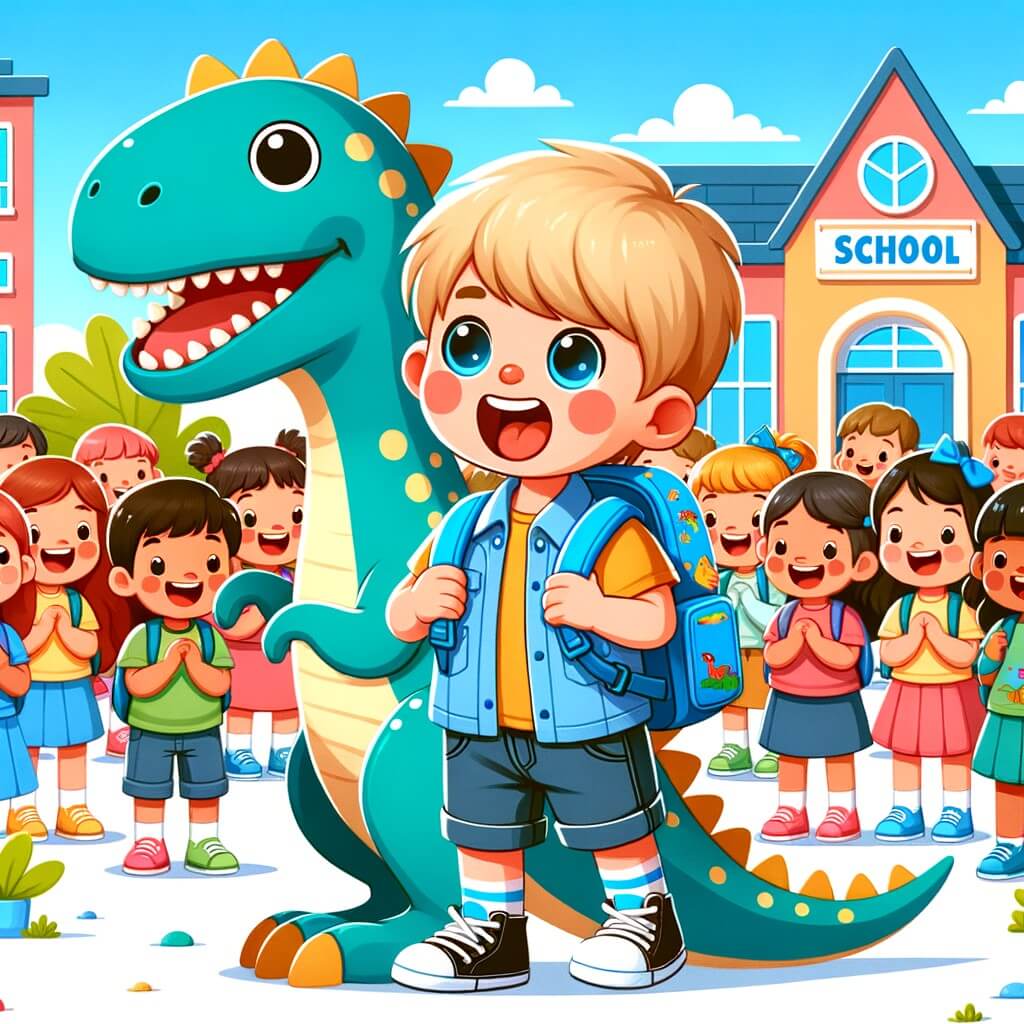 Une illustration destinée aux enfants représentant un petit garçon plein d'excitation, avec son cartable bleu décoré d'un dinosaure, faisant sa rentrée des classes dans une école colorée entourée de joyeux enfants.