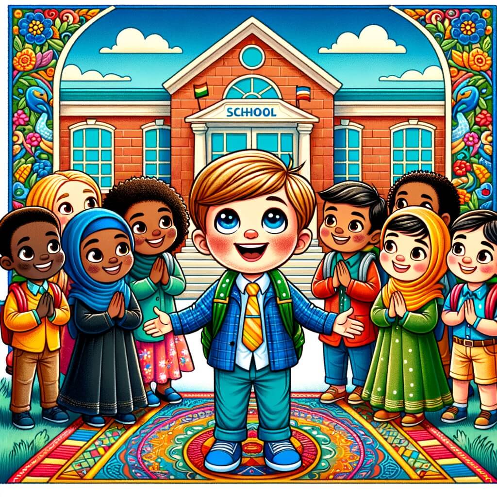Une illustration destinée aux enfants représentant un petit garçon plein d'excitation, se tenant devant une école colorée et accueillante, entouré de nouveaux camarades de classe et accompagné d'une enseignante bienveillante.