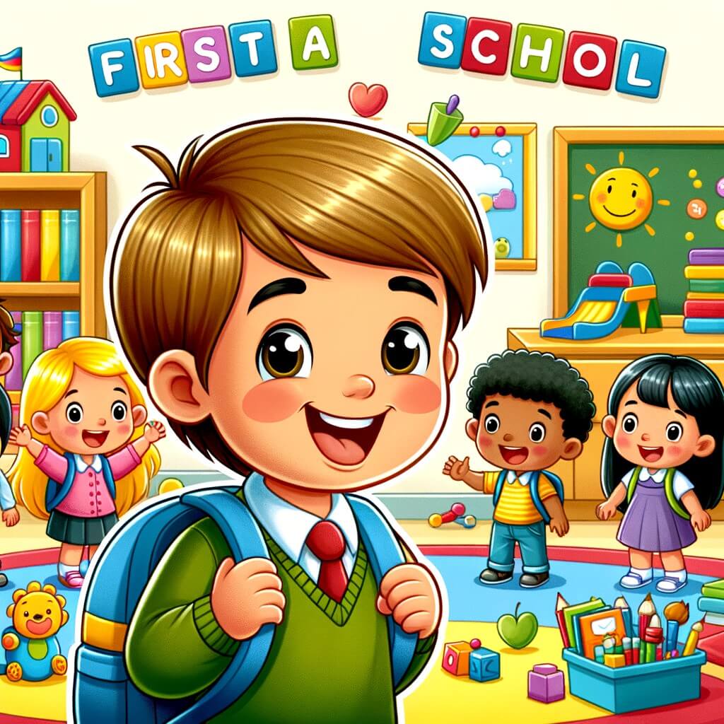 Une illustration destinée aux enfants représentant un petit garçon, tout sourire, vivant sa première journée à l'école, entouré de nouveaux amis, dans une classe colorée remplie de jouets et de livres, avec une cour de récréation animée en arrière-plan.