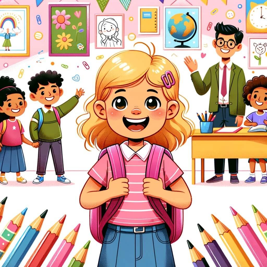 Une illustration pour enfants représentant une petite fille pleine d'enthousiasme qui s'apprête à faire sa rentrée des classes dans une école colorée et animée.