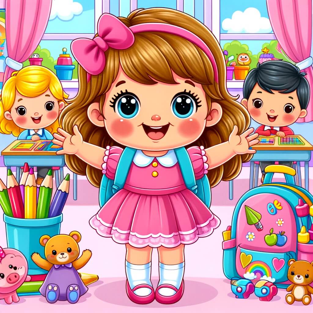 Une illustration destinée aux enfants représentant une petite fille vêtue d'une jolie robe rose, pleine d'excitation, entourée de nouveaux amis, dans une salle de classe colorée remplie de jouets et de crayons de couleur, lors de sa rentrée des classes.