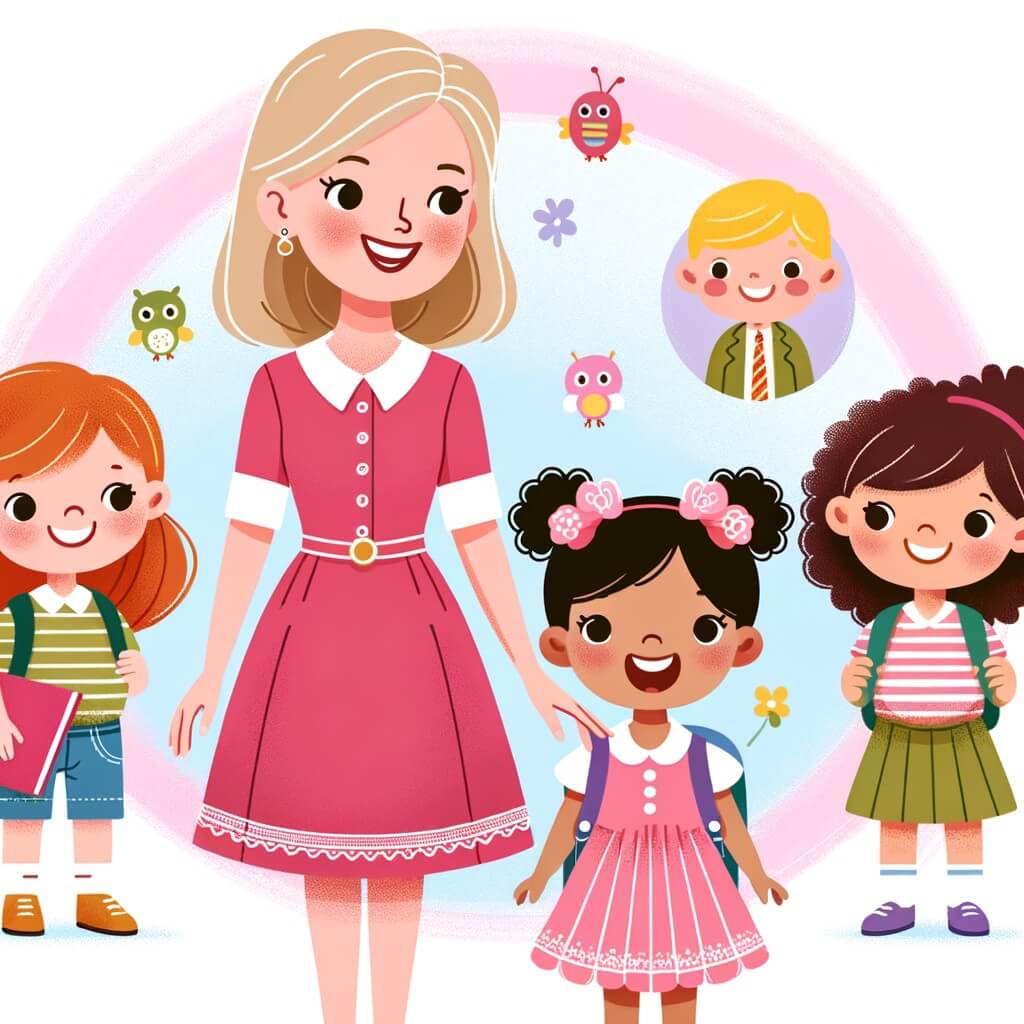 Une illustration destinée aux enfants représentant une petite fille, vêtue d'une robe rose, qui fait sa rentrée des classes dans une école colorée avec une maîtresse souriante et de nouveaux amis.