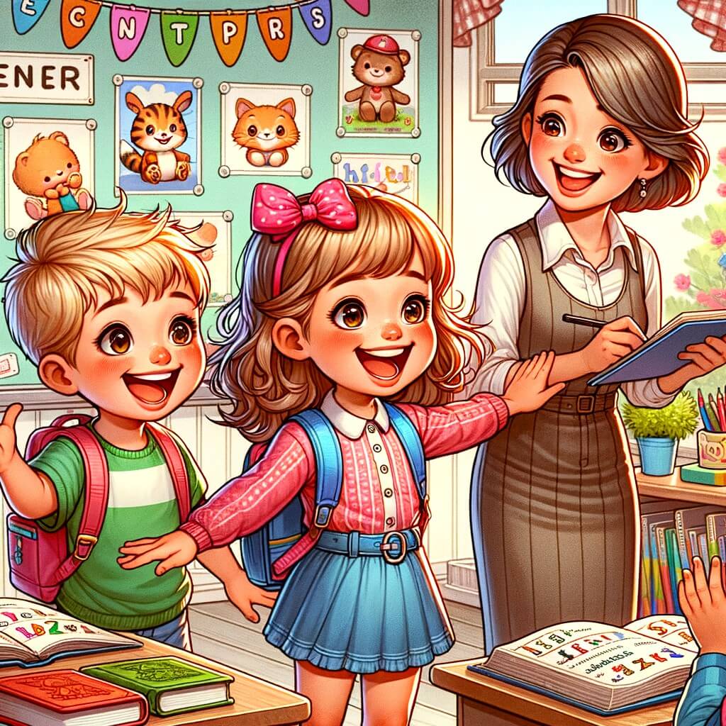 Une illustration pour enfants représentant une petite fille impatiente de découvrir sa nouvelle classe le jour de la rentrée, dans une école colorée et accueillante.
