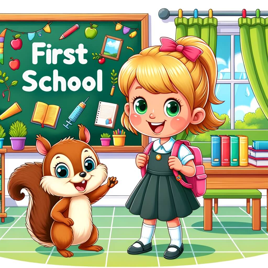 Une illustration destinée aux enfants représentant une petite fille joyeuse et curieuse, prête à affronter sa première journée d'école, accompagnée de son fidèle compagnon, un petit écureuil, dans une salle de classe lumineuse et colorée, remplie de livres, de tableaux et de plantes vertes.