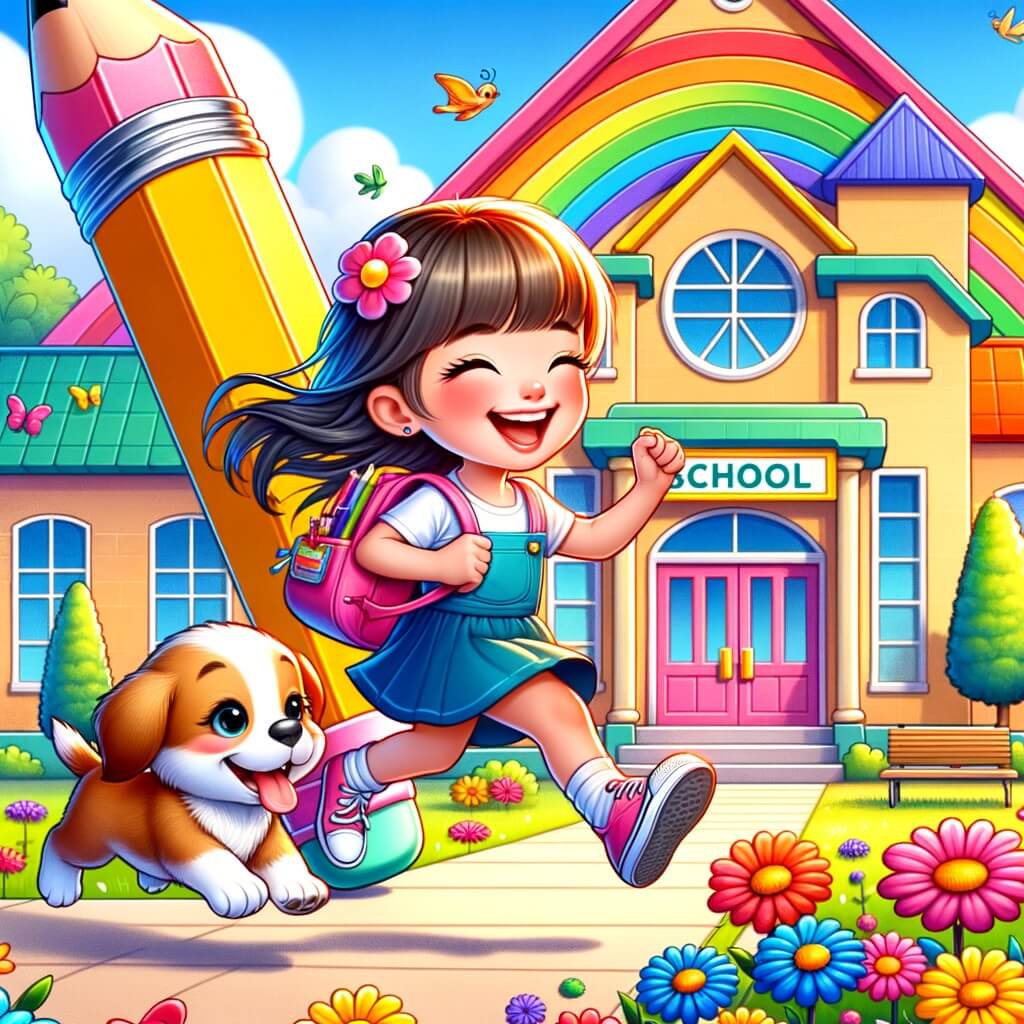 Une illustration destinée aux enfants représentant une petite fille pleine d'entrain, sautillant joyeusement avec son sac d'école, accompagnée d'un adorable chiot, devant une école colorée aux fenêtres en forme de crayons géants et une cour de récréation parsemée de fleurs multicolores.