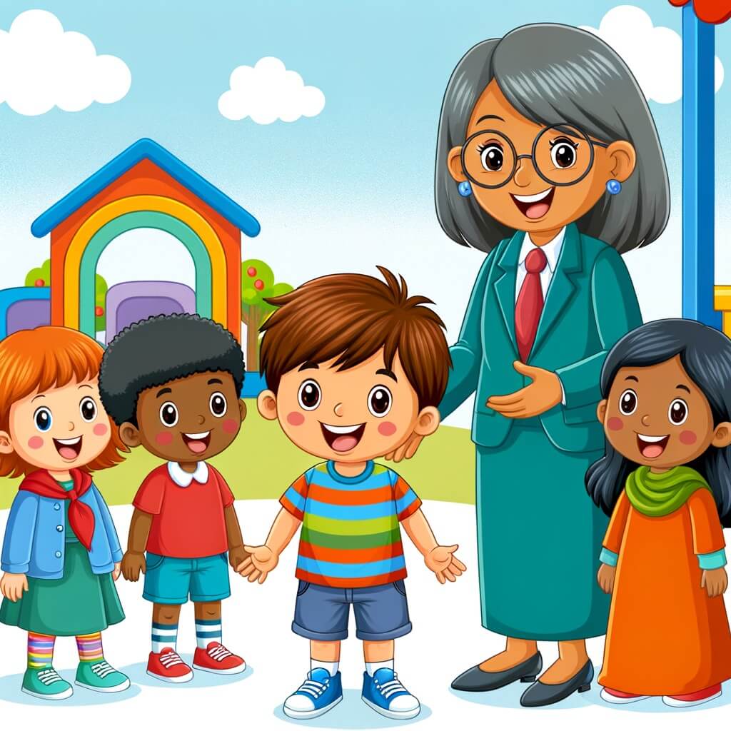 Une illustration destinée aux enfants représentant un petit garçon enthousiaste, entouré de nouveaux amis, dans une école colorée avec une cour de récréation animée et une maîtresse accueillante.