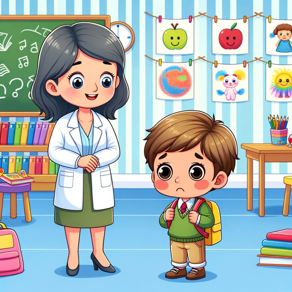 Une illustration destinée aux enfants représentant un petit garçon anxieux le jour de la rentrée des classes, accompagné d'une enseignante bienveillante, dans une salle de classe colorée et remplie de livres, de jouets et de dessins accrochés aux murs.