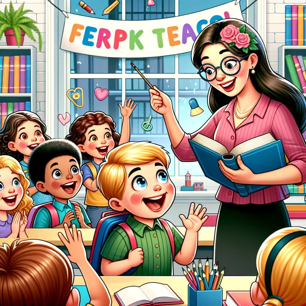Une illustration destinée aux enfants représentant un petit garçon enthousiaste, accompagné de ses amis, découvrant une nouvelle enseignante dans une salle de classe colorée et remplie de livres, le jour de la rentrée des classes.