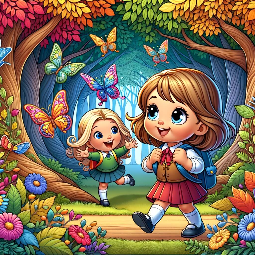 Une illustration destinée aux enfants représentant une petite fille, pleine d'excitation et d'appréhension, qui fait sa rentrée des classes dans une école enchantée entourée de grands arbres aux feuilles multicolores et de papillons virevoltants, où elle se lie d'amitié avec une camarade de classe souriante.