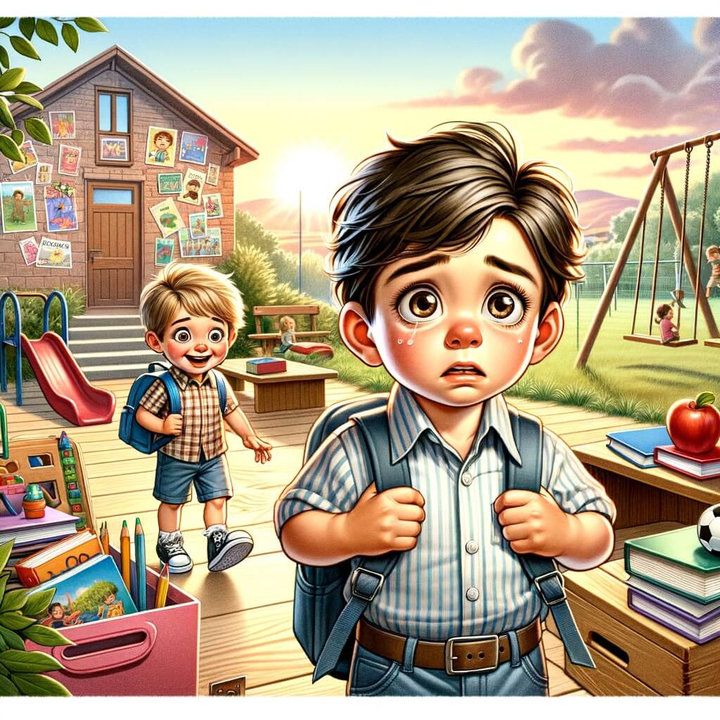 Une illustration pour enfants représentant un petit garçon anxieux à l'idée de sa première journée d'école, dans un décor de campagne.