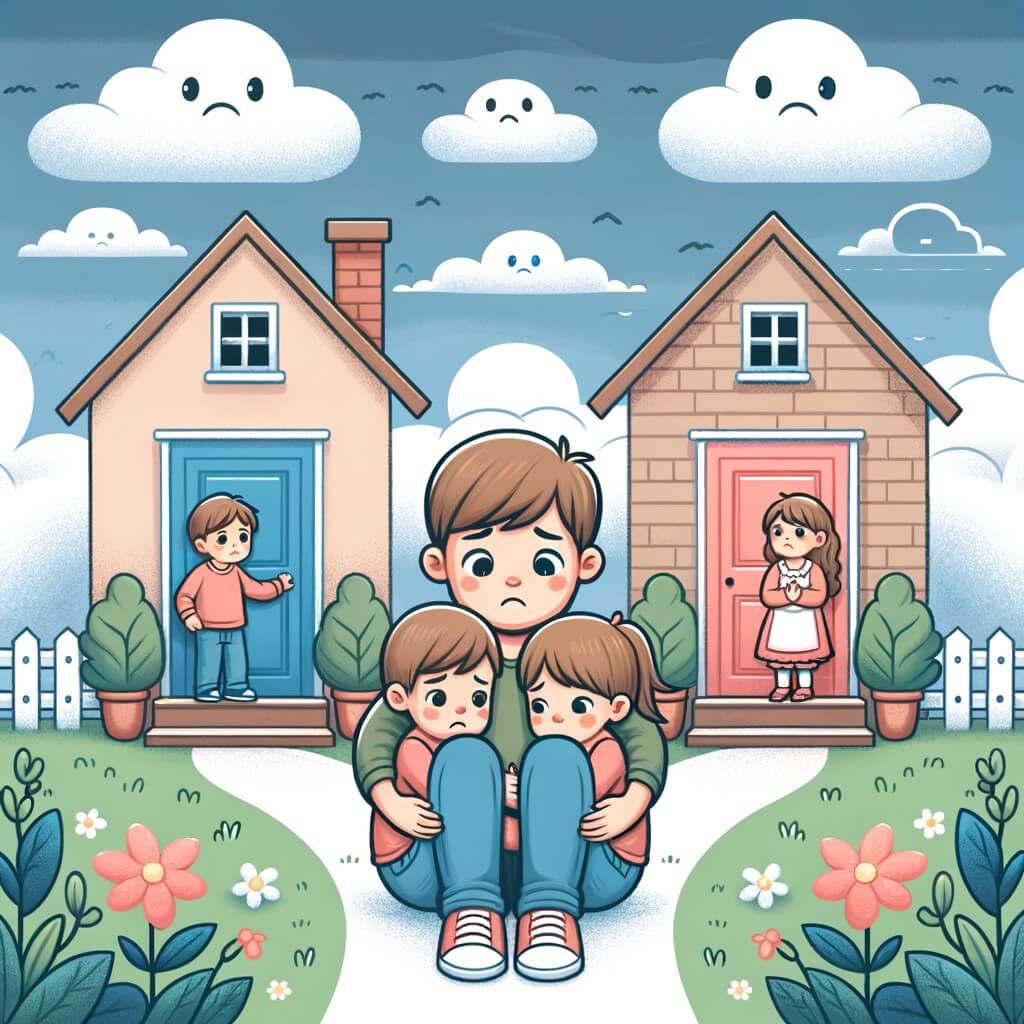 Une illustration pour enfants représentant un petit garçon qui doit apprendre à vivre avec la séparation de ses parents, entre deux maisons différentes.