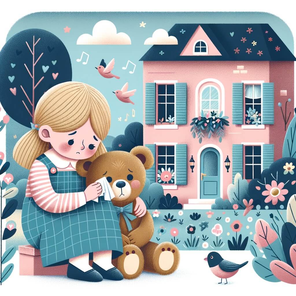 Une illustration pour enfants représentant une petite fille confrontée à la séparation de ses parents, cherchant à comprendre pourquoi ils ne peuvent plus vivre ensemble, dans une maison rose.