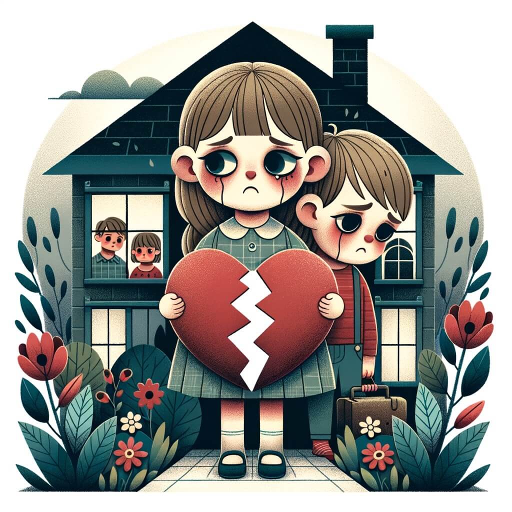 Une illustration pour enfants représentant une petite fille triste qui vit la séparation de ses parents dans la maison familiale.