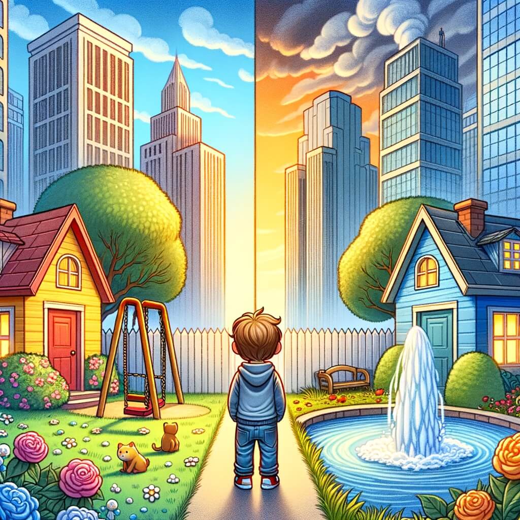 Une illustration destinée aux enfants représentant un petit garçon triste, entouré de deux maisons colorées, une avec un jardin fleuri et une balançoire, l'autre avec des gratte-ciel et une fontaine, symbolisant la séparation de ses parents et les deux lieux où il vit désormais.