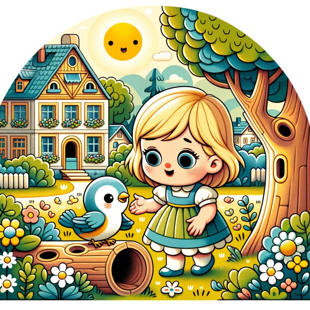 Une illustration pour enfants représentant une petite fille aux cheveux blonds, vivant une séparation familiale, dans un charmant jardin près d'un grand parc.
