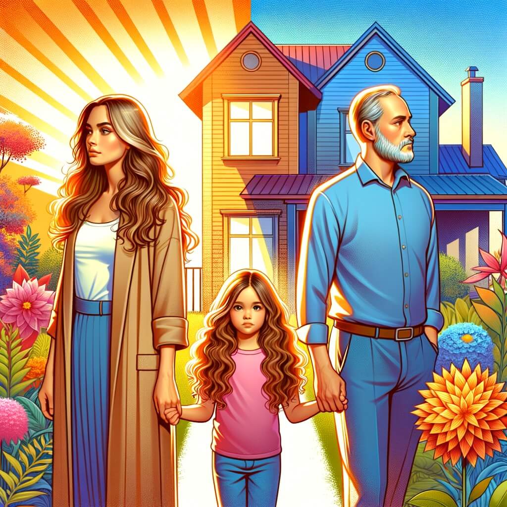 Une illustration destinée aux enfants représentant une petite fille aux longs cheveux bouclés, accompagnée de ses parents, dans une jolie maison ensoleillée avec un jardin fleuri, évoquant la séparation et le divorce.