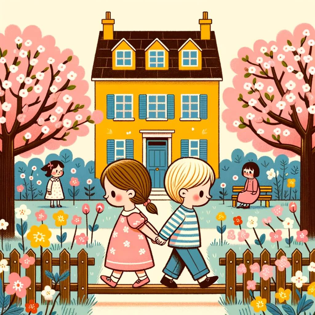 Une illustration destinée aux enfants représentant une petite fille aux cheveux blonds, en robe rose, qui traverse un jardin fleuri avec une amie, tandis que derrière elles, une maison aux murs jaunes et aux volets bleus symbolise le lieu principal de leur nouvelle vie après la séparation de leurs parents.