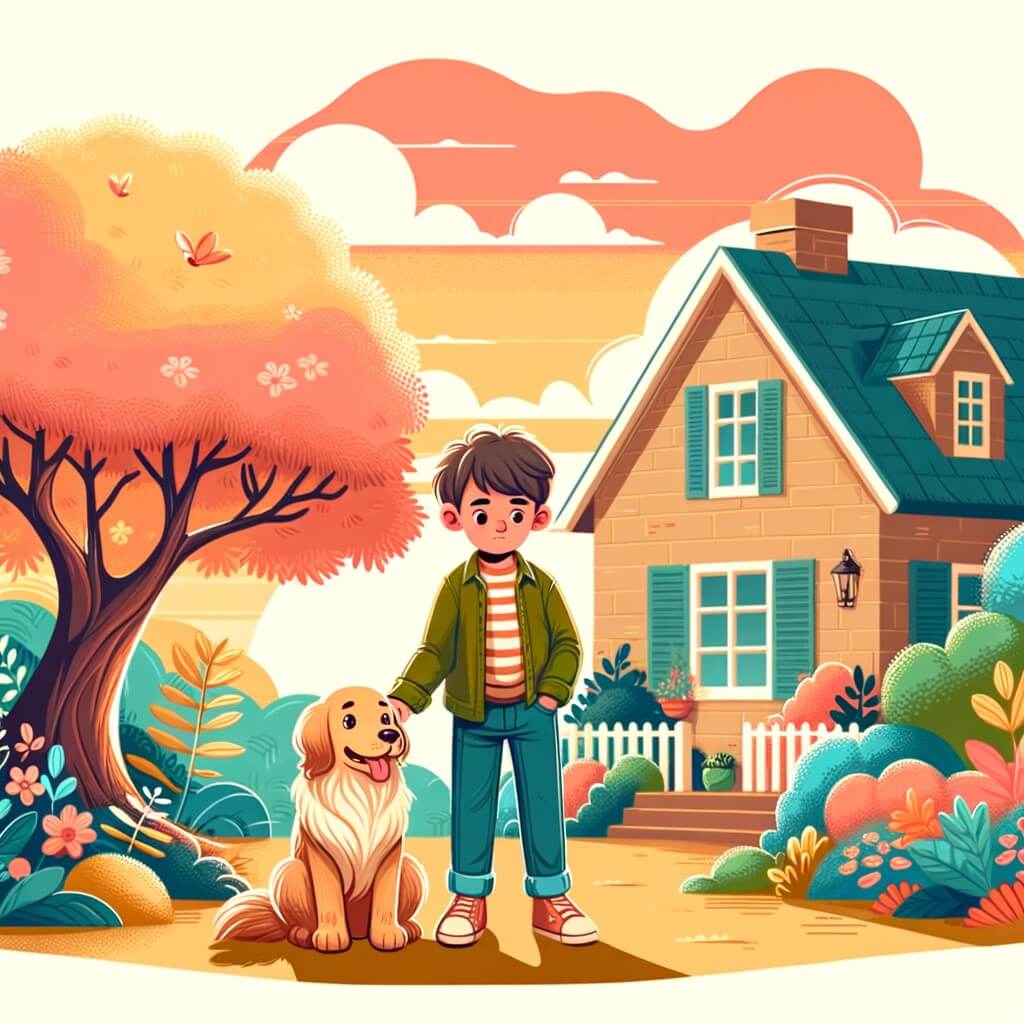 Une illustration destinée aux enfants représentant un petit garçon, les tourments de la séparation de ses parents, accompagné de son fidèle chien, dans un décor chaleureux et coloré d'une maison avec un jardin fleuri et un arbre majestueux.