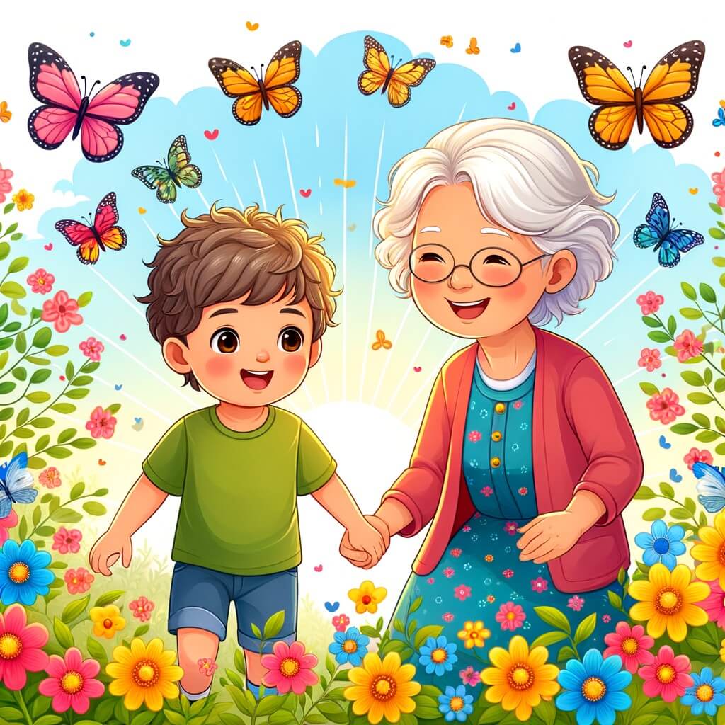 Une illustration destinée aux enfants représentant un petit garçon curieux et joyeux, confronté à la séparation de ses parents, accompagné de sa grand-mère bienveillante, dans un jardin fleuri rempli de couleurs vives et de papillons virevoltants.