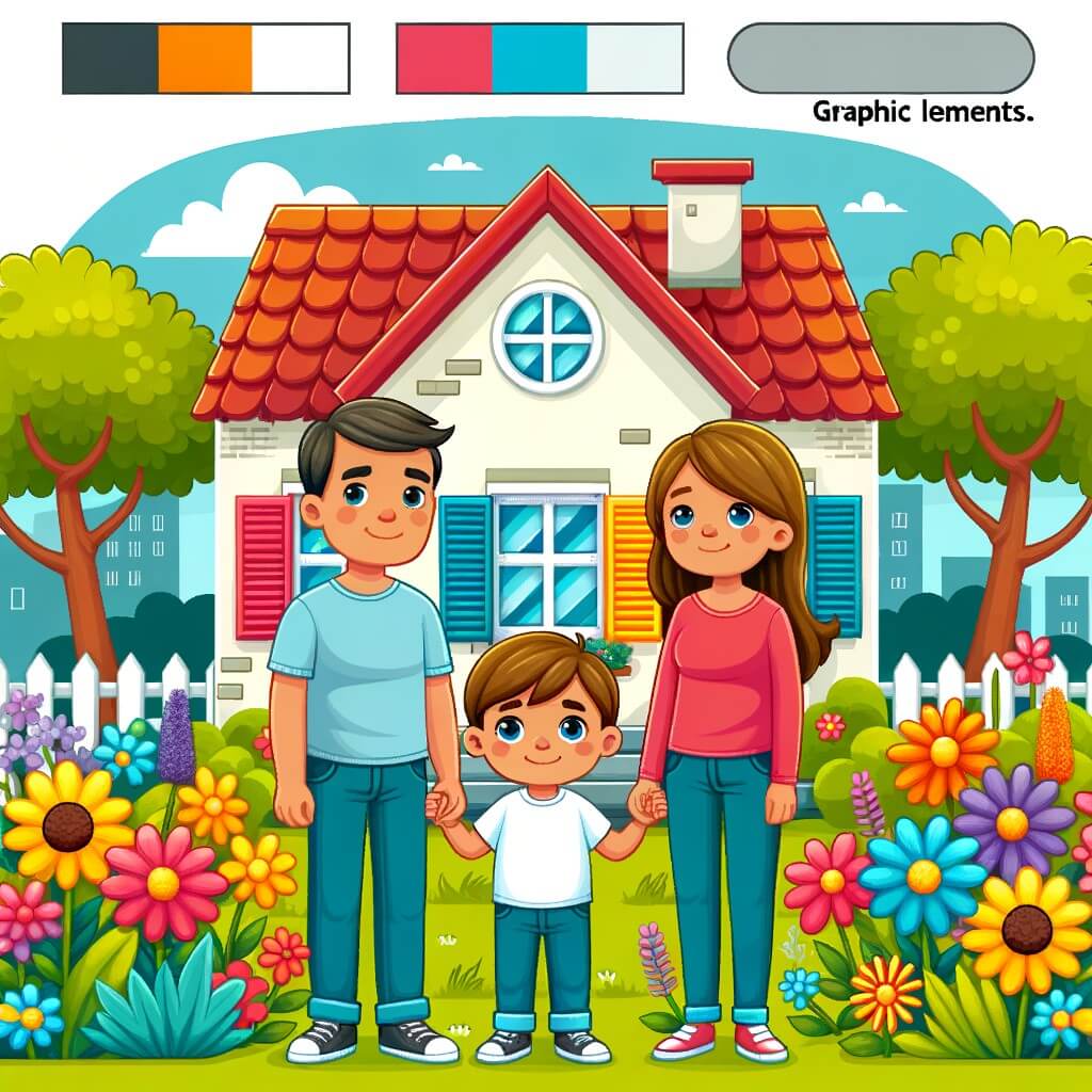 Une illustration destinée aux enfants représentant un petit garçon, entouré de ses parents séparés, vivant dans une petite maison aux volets colorés, avec un jardin rempli de fleurs et d'arbres joyeux.