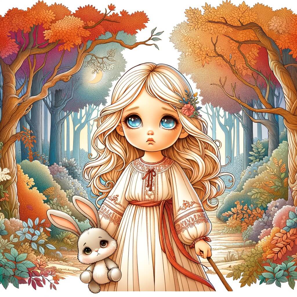 Une illustration destinée aux enfants représentant une petite fille aux cheveux blonds, les yeux brillants de tristesse, qui traverse une forêt enchantée avec son fidèle compagnon, un lapin en peluche, à la recherche d'un chemin vers le bonheur, entre les arbres majestueux aux couleurs automnales.