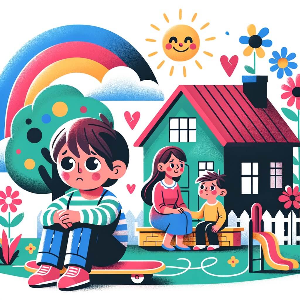 Une illustration pour enfants représentant un petit garçon qui déménage avec sa maman dans une nouvelle maison sans jardin après la séparation de ses parents.