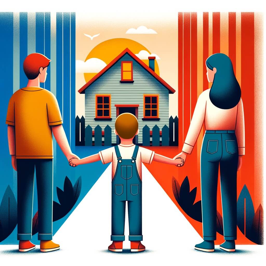 Une illustration destinée aux enfants représentant un petit garçon, les mains tendues vers le ciel, se tenant entre ses parents qui se tiennent la main, devant une maison divisée en deux, avec un côté coloré et joyeux et l'autre côté sombre et triste, symbolisant la séparation de ses parents et le lieu principal où cela se déroule.