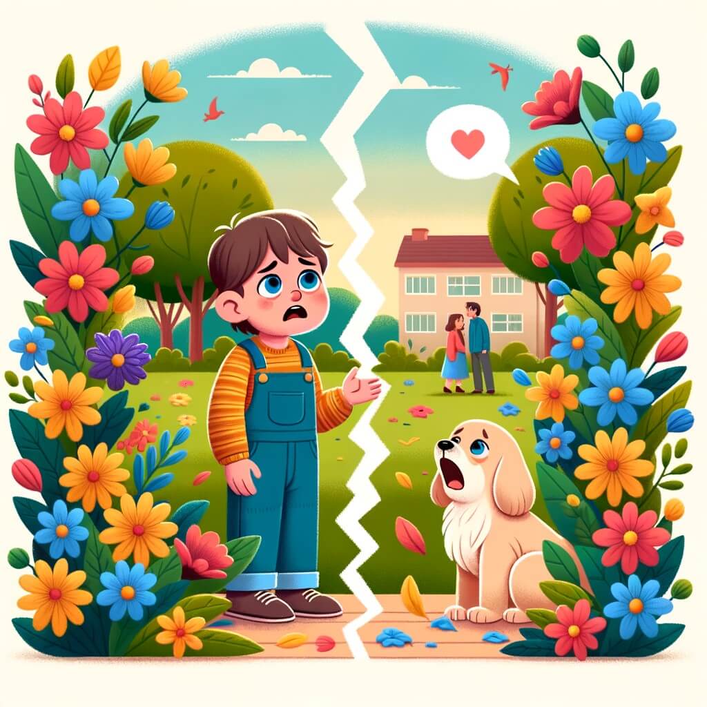 Une illustration pour enfants représentant un petit garçon confronté à la séparation de ses parents et à la découverte d'un nouveau foyer.
