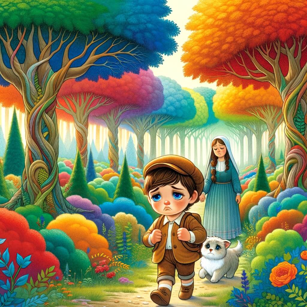 Une illustration pour enfants représentant un petit garçon vivant une séparation familiale, cherchant le bonheur dans sa nouvelle maison entourée d'arbres et de fleurs colorées.