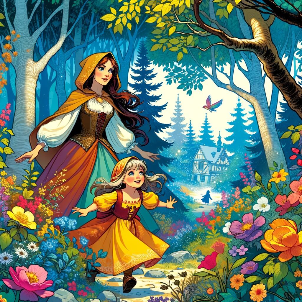 Une illustration destinée aux enfants représentant une petite fille perdue dans une forêt enchantée, accompagnée de sa mère, cherchant leur chemin vers une nouvelle maison pleine de couleurs et de fleurs.