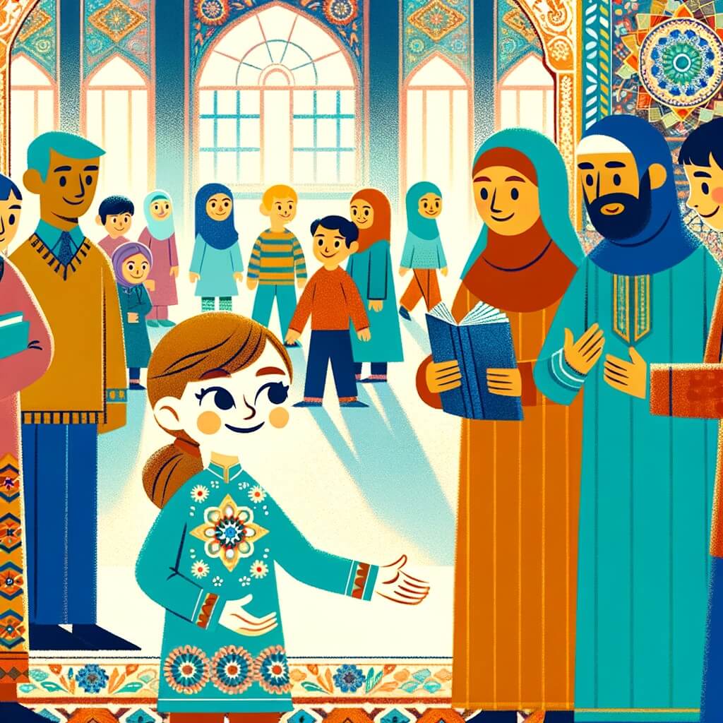 Une illustration destinée aux enfants représentant une petite fille avec une main plus petite que l'autre, qui se retrouve à l'école pour la première fois, où elle fait la rencontre d'autres enfants curieux mais bienveillants, dans une salle de classe colorée et animée.