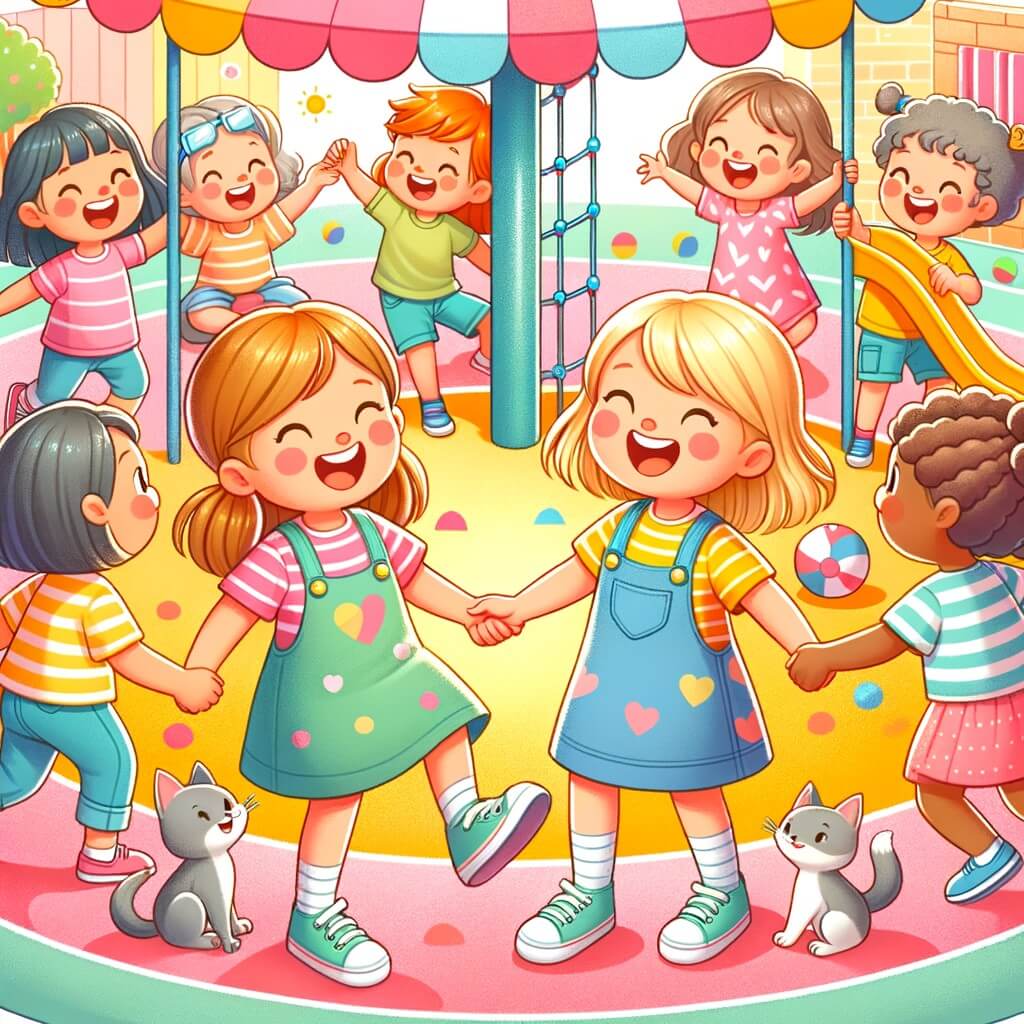 Une illustration destinée aux enfants représentant une petite fille pleine de vie, se faisant de nouveaux amis dans une cour de récréation colorée, où les rires et les jeux résonnent joyeusement.