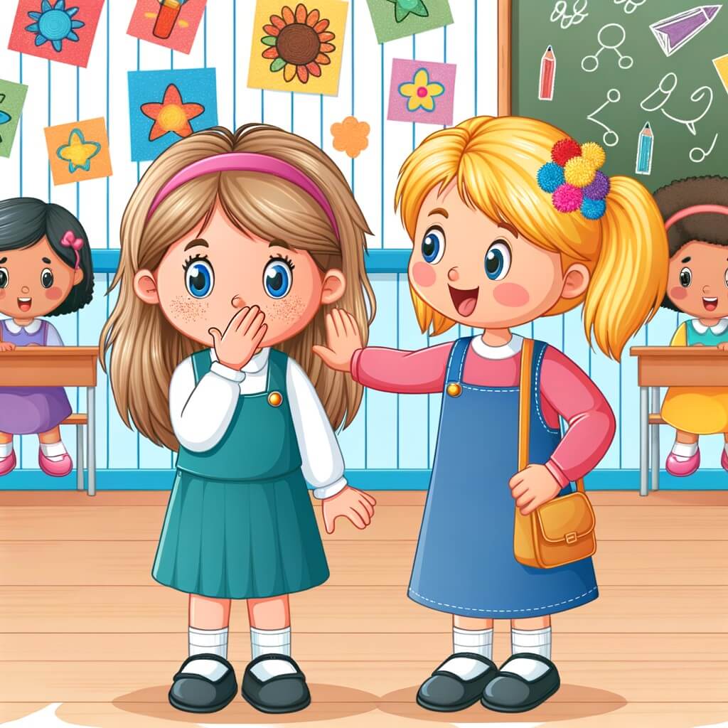 Une illustration pour enfants représentant une petite fille qui se retrouve dans une nouvelle école et qui doit faire face à l'intolérance de certains enfants, dans une ville où elle vient de déménager.