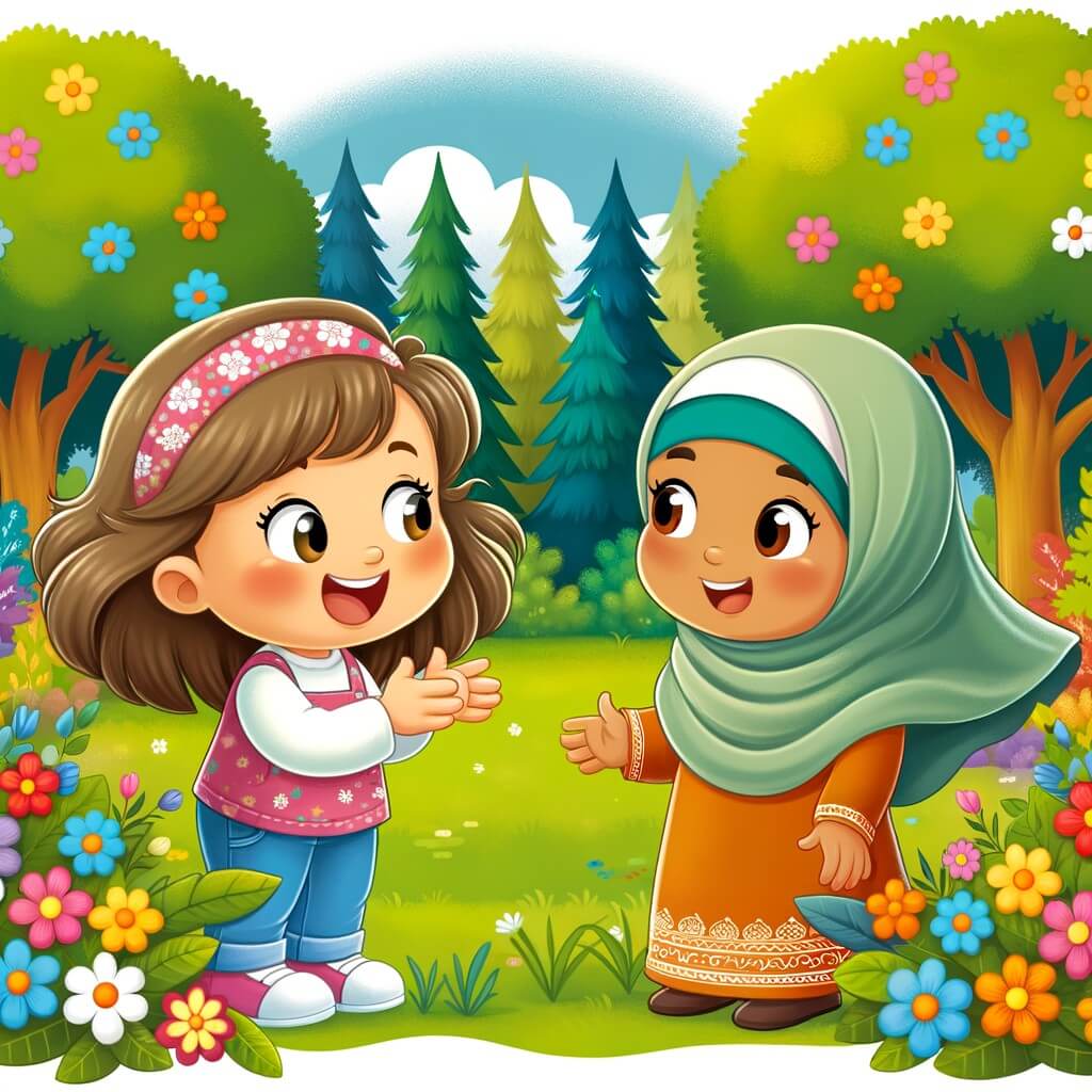 Une illustration pour enfants représentant une petite fille curieuse et joyeuse qui rencontre une nouvelle amie portant un hijab dans un parc, ce qui l'amène à apprendre une leçon importante sur la tolérance.